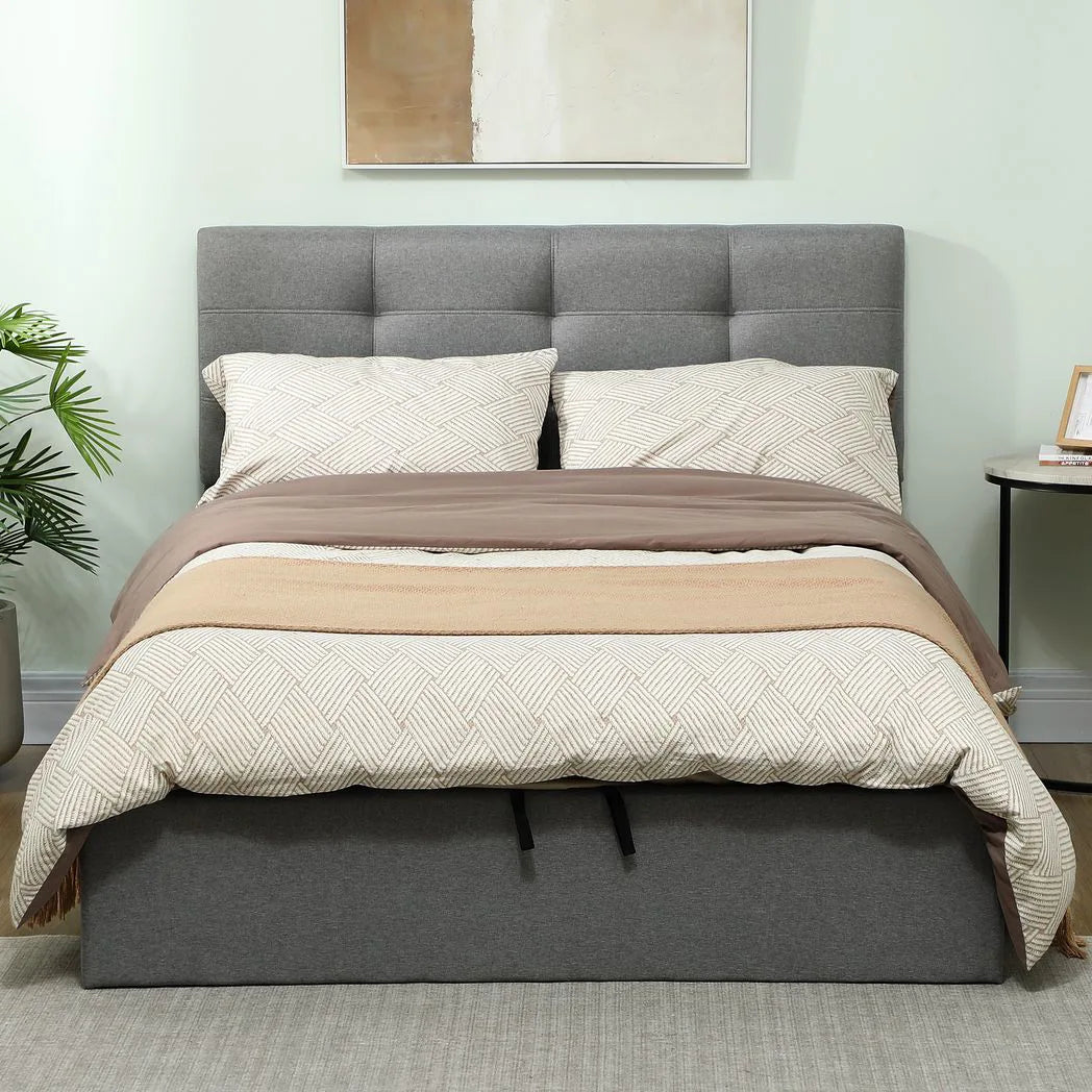 HOMCOM 4ft6 Double Ottoman Bed with Gas Lift Storage and Tufted Headboard – Linen-Look Bed Frame, Grey
