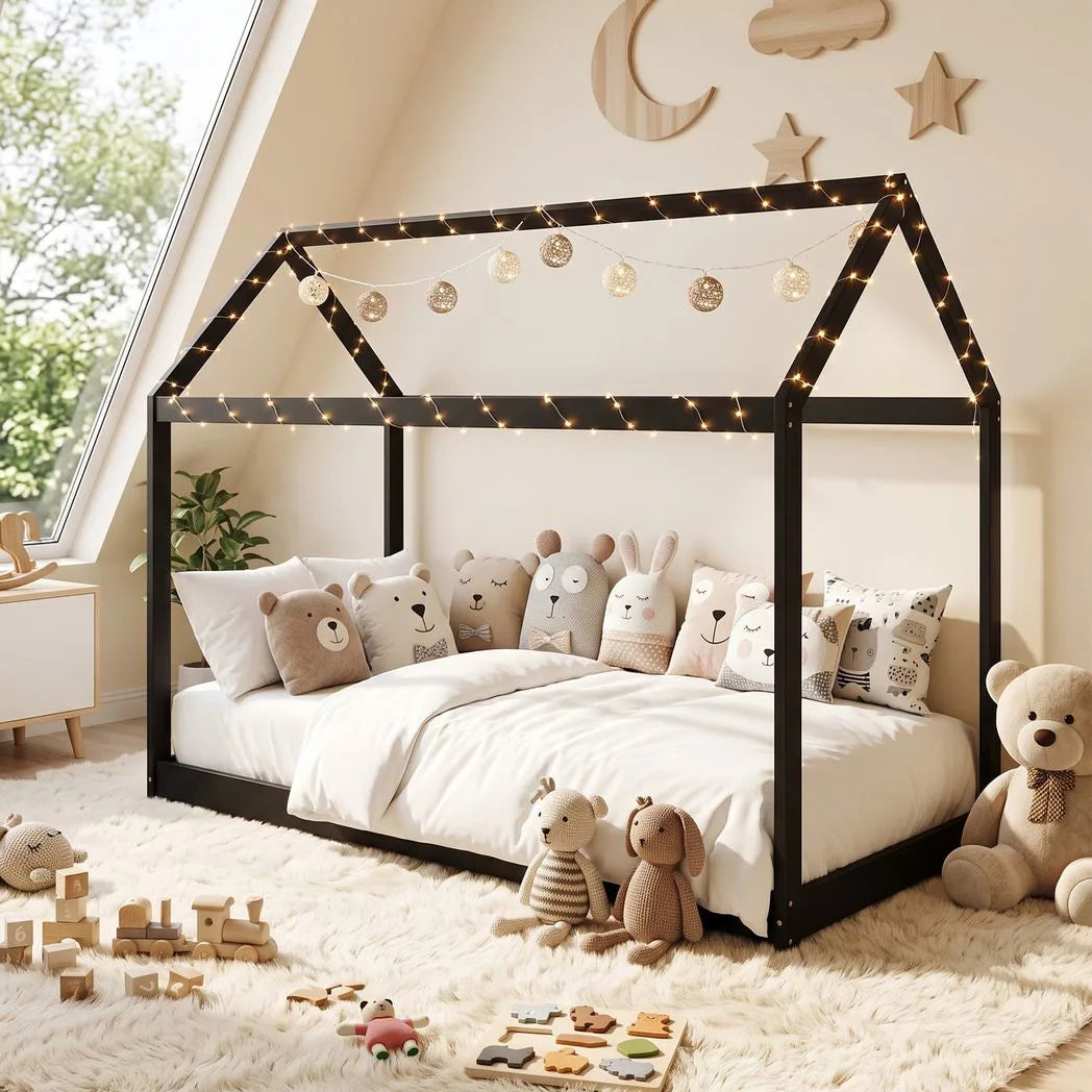 HOMCOM Single Bed Frame with House-Shaped Design – Scandinavian Solid Pine Wood for 90 x 190 cm Mattress