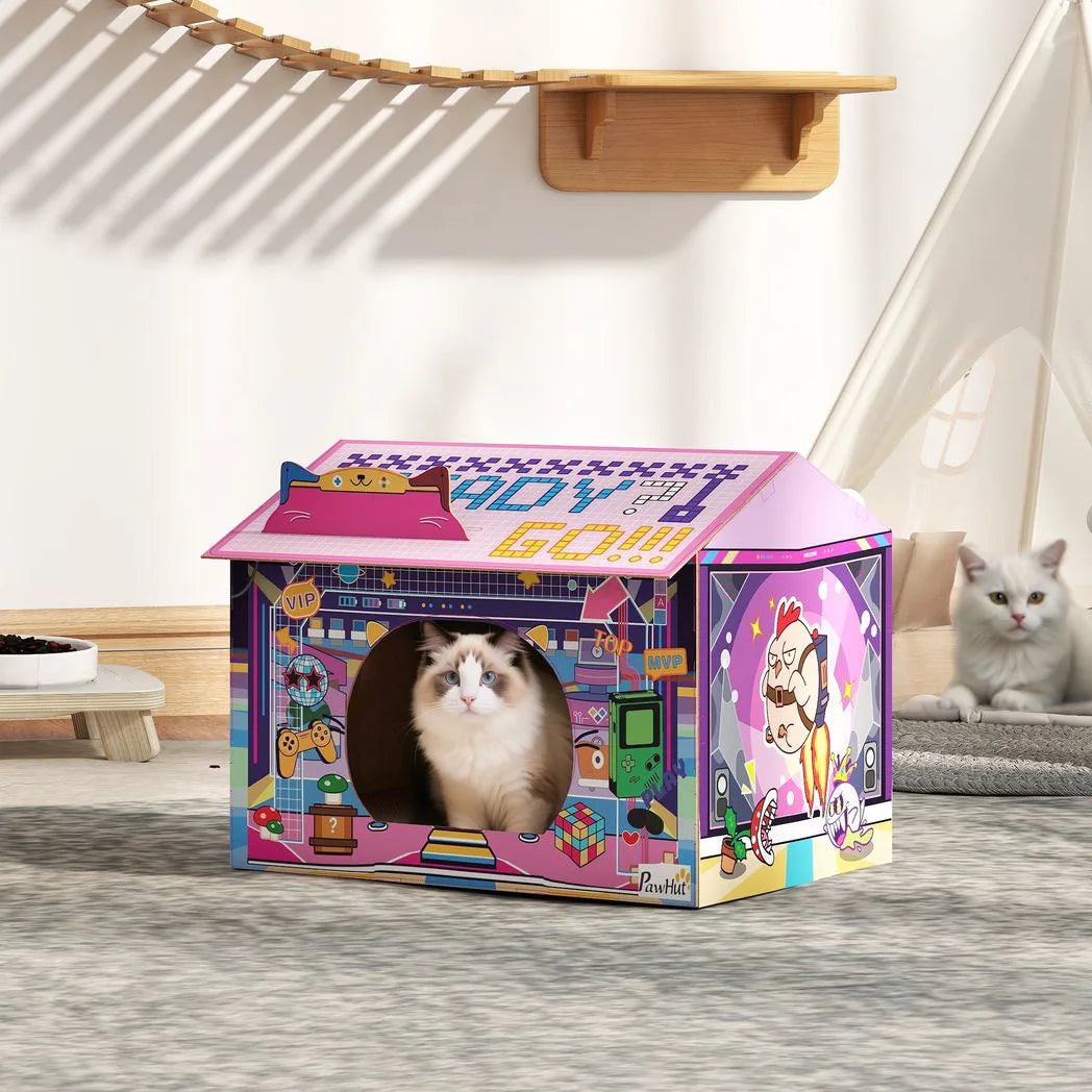 PawHut 2-in-1 Gaming-Style Cardboard Cat House with Scratching Board and Catnip – Indoor Cat Scratcher, Pink