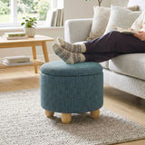 HOMCOM Round Storage Ottoman Bench with Reversible Lid and Rubberwood Legs, 19L – Footstool, Dark Blue