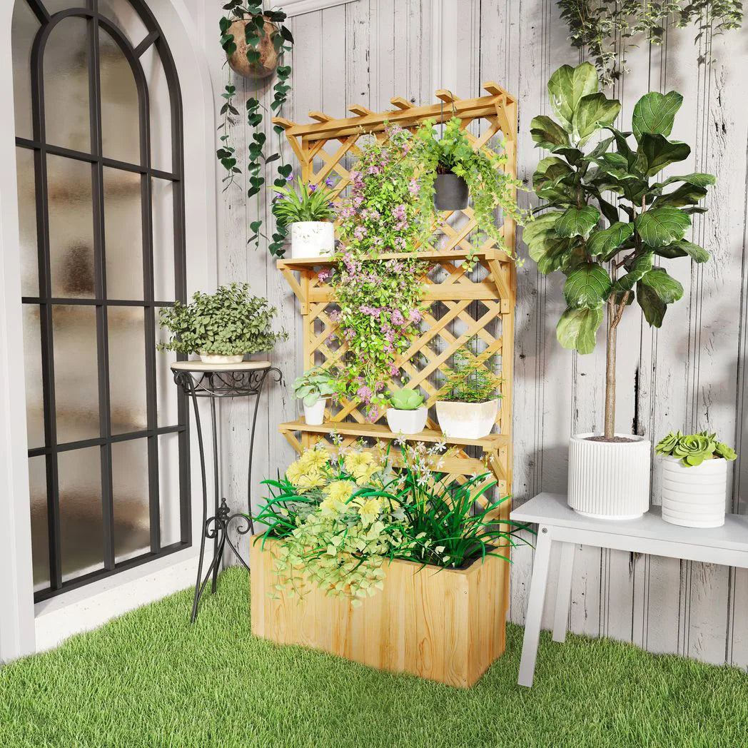 Outsunny 52L Wooden Planter, with Trellis and Shelves – Natural Finish