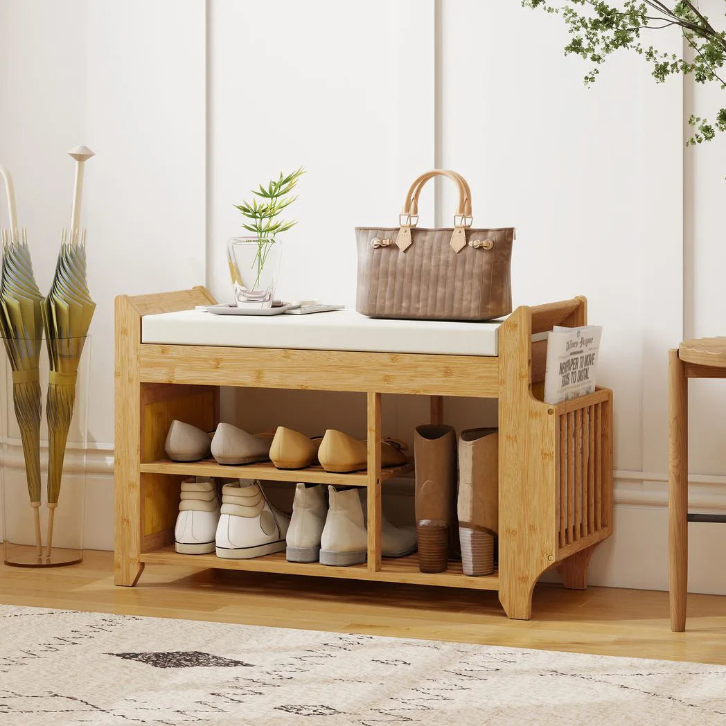 HOMCOM Bamboo Shoe Bench with Boot Section & Cushioned Seat, 80 x 30 x 50 cm – Natural & Cream