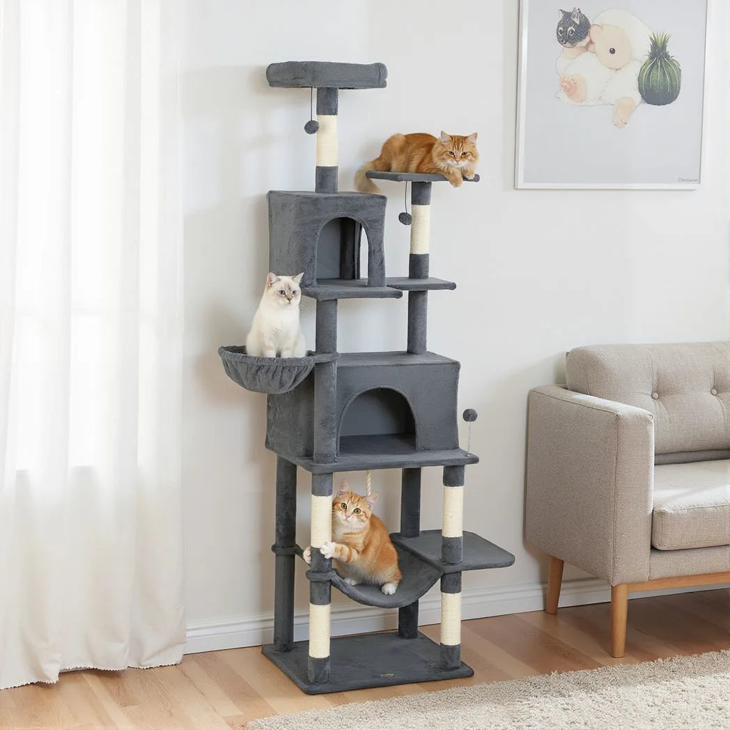 PawHut 202cm Large Cat Tree with 6 Scratching Posts, 2 Hammocks, 2 Condos – Indoor Cat Tower