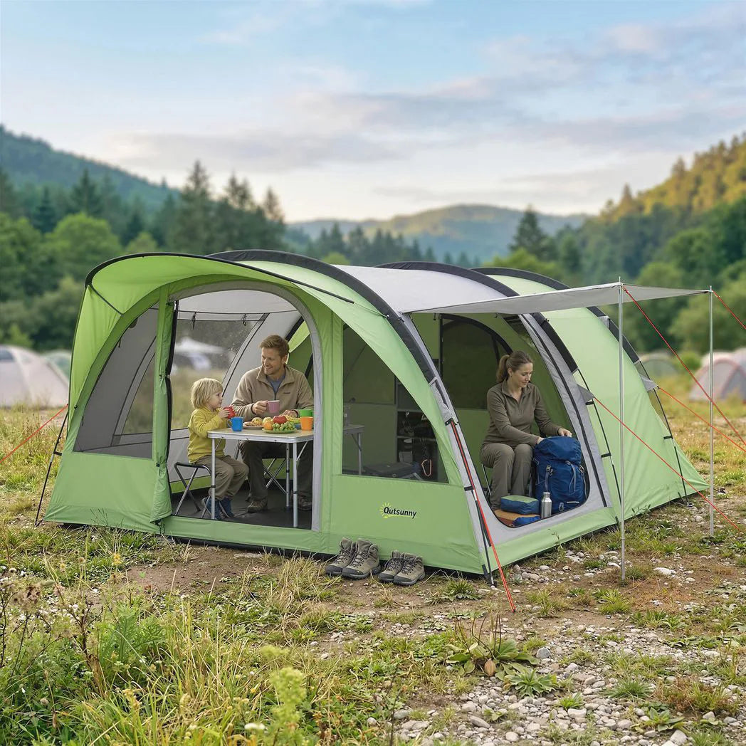 Outsunny 4 Person Family Camping Tent with 2 Rooms & Sewn-In Groundsheet – Waterproof Tunnel Tent, Green & Grey