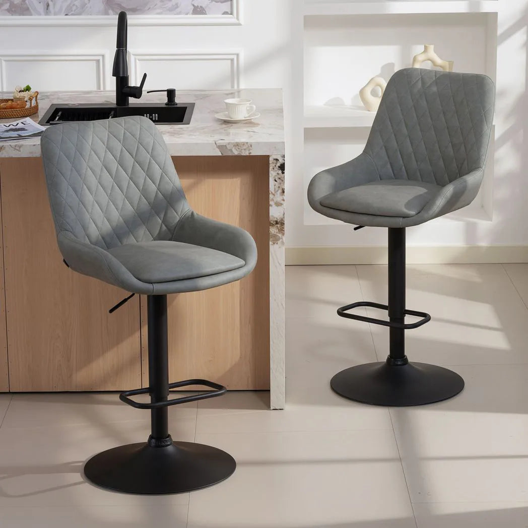 HOMCOM Set of 2 Retro Faux Leather Bar Stools with Swivel Seat & Adjustable Height – Diamond Tufted, Light Grey