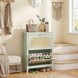 HOMCOM Boho Slim Shoe Cabinet with 2 Flip Drawers and Rattan-Accent Doors – Holds 14 Pairs, Light Green