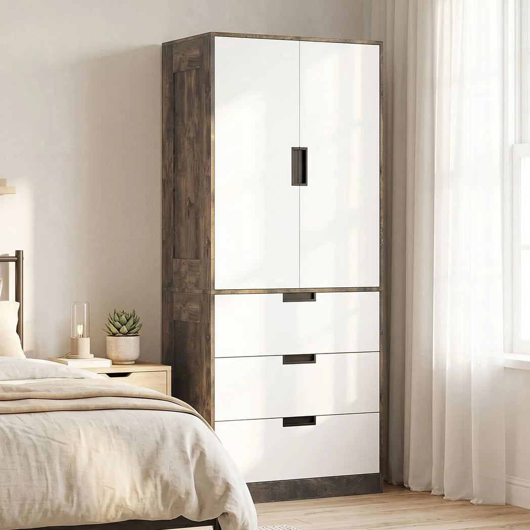 HOMCOM Wardrobe with 3 Drawers, 2 Soft-Close Doors & Hanging Rail – Space-Saving Storage, Rustic Brown