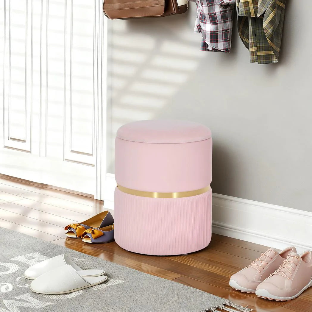 HOMCOM Velvet-Feel Round Storage Ottoman with Cushioned Top – Footstool and Hidden Storage, Pink