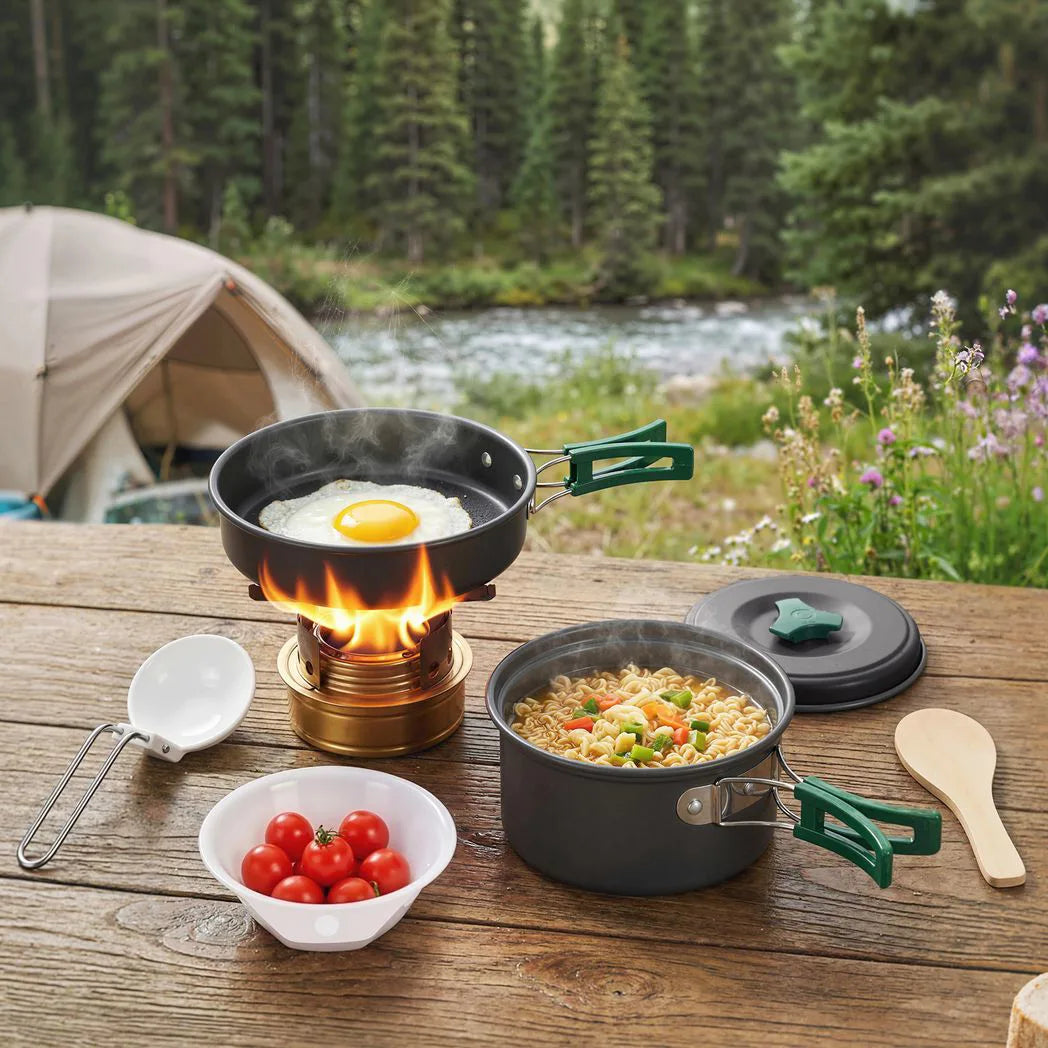 Outsunny 8-Piece Ultralight Camping Cookware Set with Anti-Scald Handles – Stackable Aluminium Kit for Two, Grey