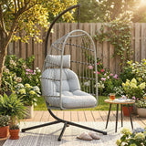 Outsunny Hanging Egg Chair with Stand – Indoor Outdoor Swing Chair with Foldable Basket, Cushions & Safety Strap, Light Grey