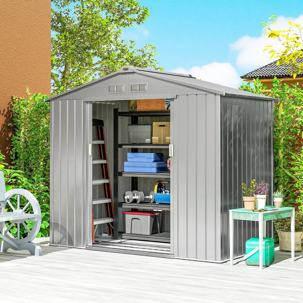 Outsunny 7 x 4ft Lockable Metal Garden Tool Shed with Foundation Kit & Sloping Roof – Light Grey