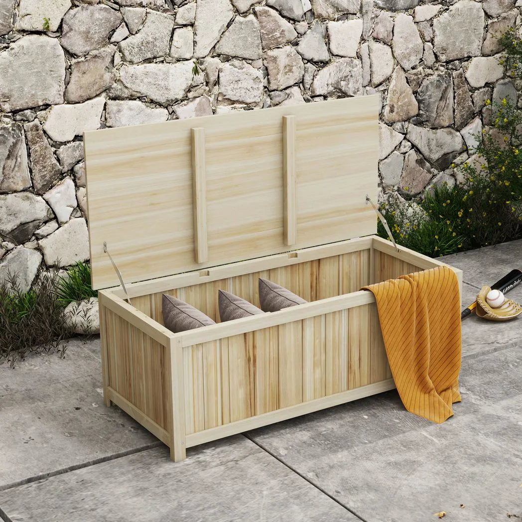 Outsunny 172L Wooden Outdoor Storage Box with Hinged Lid – Fir Wood Terrace Box for Garden, Natural