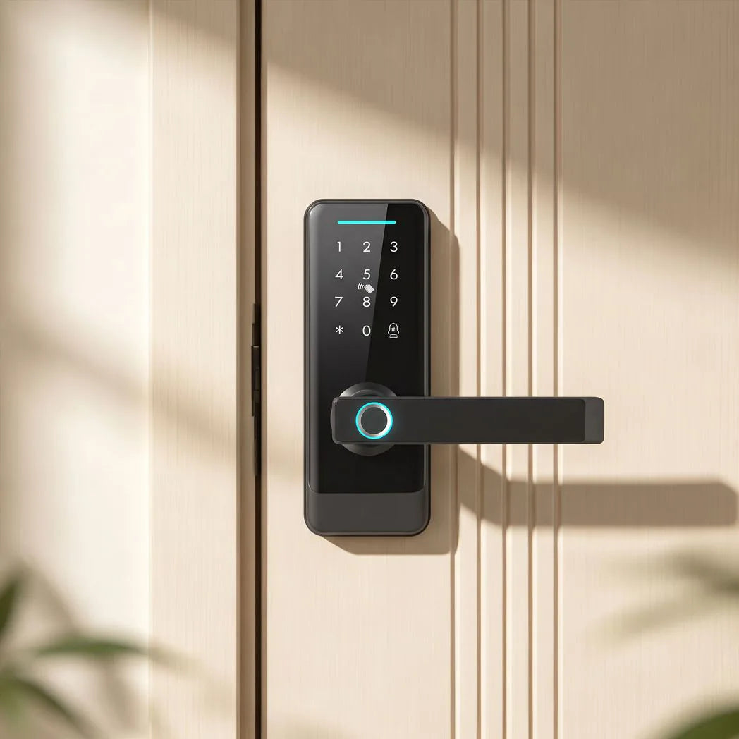 HOMCOM 5-in-1 Smart Door Lock with Fingerprint, Passcode, App and NFC Card – Keyless Entry, Doorbell