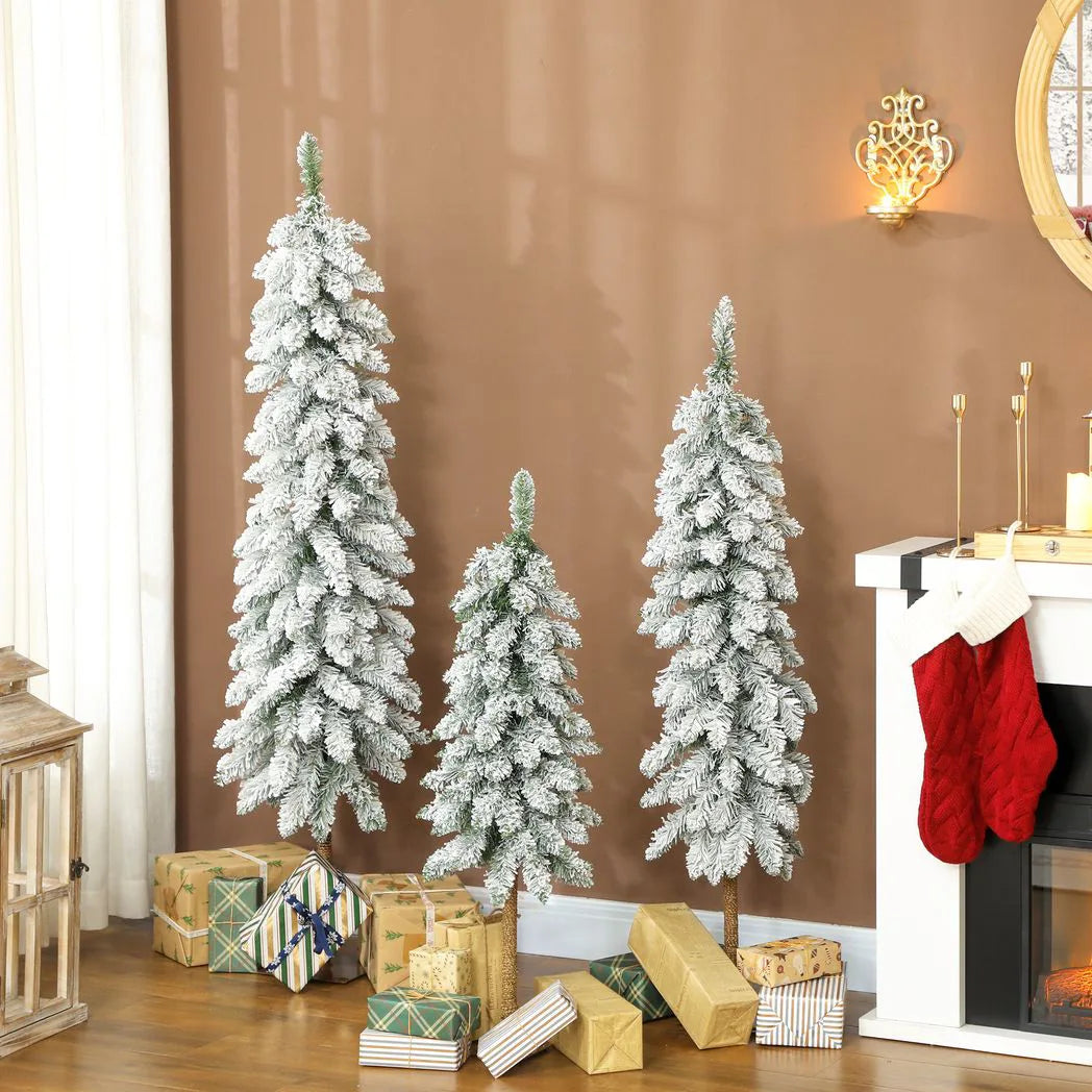 HOMCOM Flocked Pencil Christmas Trees, Set of 3 – 3ft, 4ft and 5ft Slim Snowy Artificial Trees