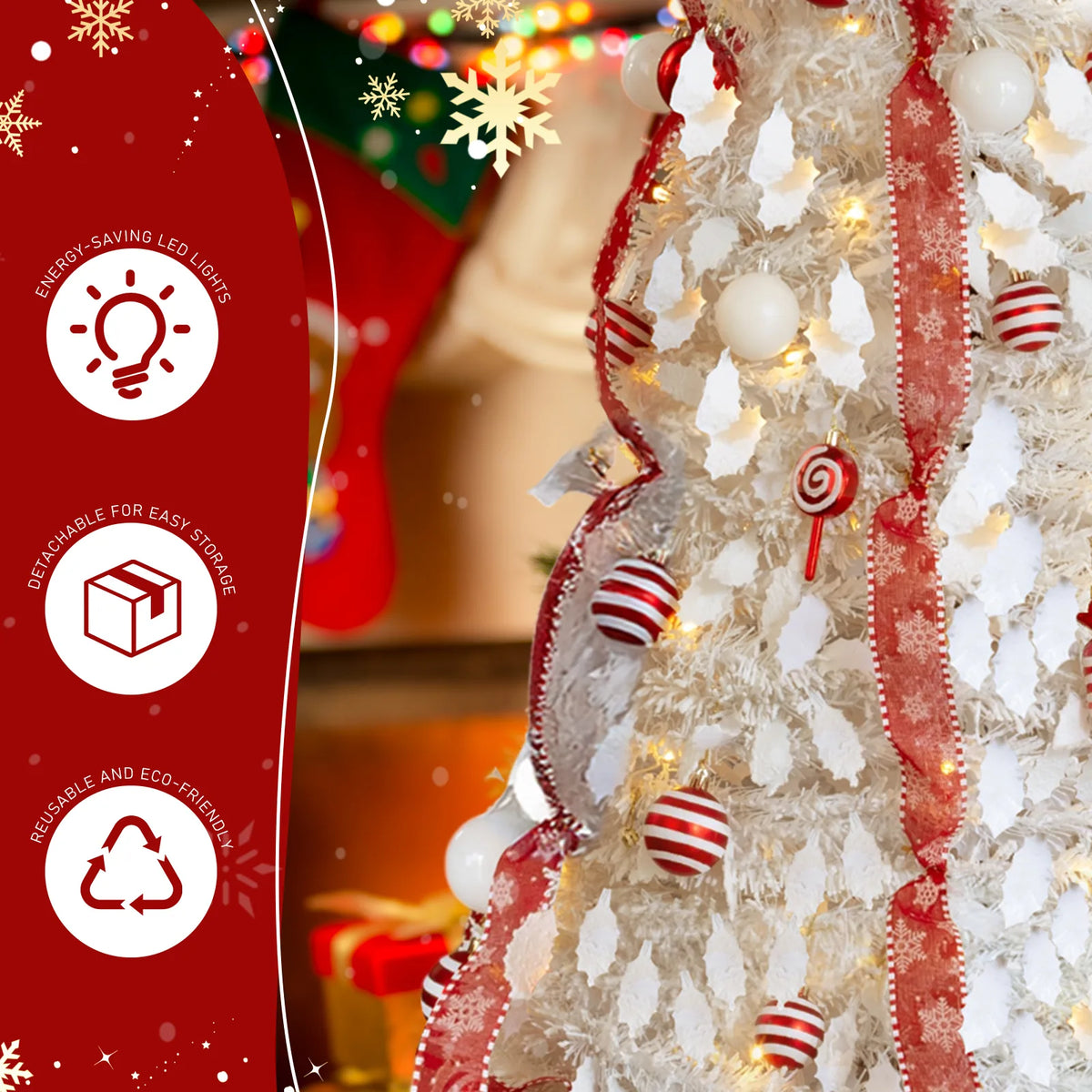 6ft White Pop-Up Pre-Lit Christmas Tree, Fully Decorated with 100 Warm White LEDs & Red Ornaments