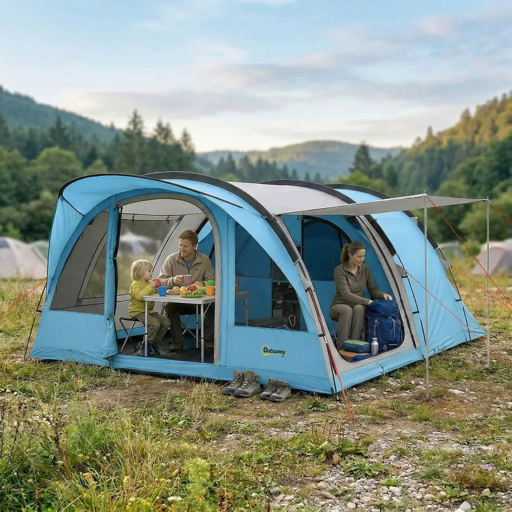 Outsunny 4 Person Family Camping Tent with 2 Rooms & Sewn-In Groundsheet – Waterproof Tunnel Tent, Sky Blue & Grey