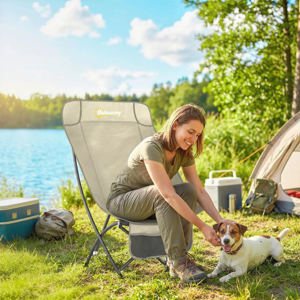 Outsunny Heavy Duty Folding Camping Chair with Side Pocket and Carry Bag, 120kg – Moon Chair, Khaki