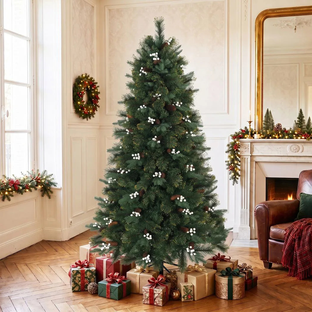 HOMCOM 6ft Pre-Decorated Hinged Christmas Tree with 716 Tips, Berries and Foldable Metal Stand, Green