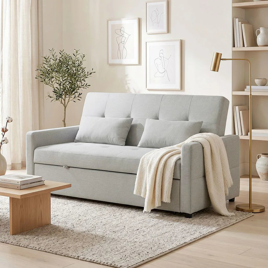 HOMCOM Three-Way Two-Seater Sofa Bed with Click-Clack Reclining Back – Linen-Look Loveseat, Light Grey