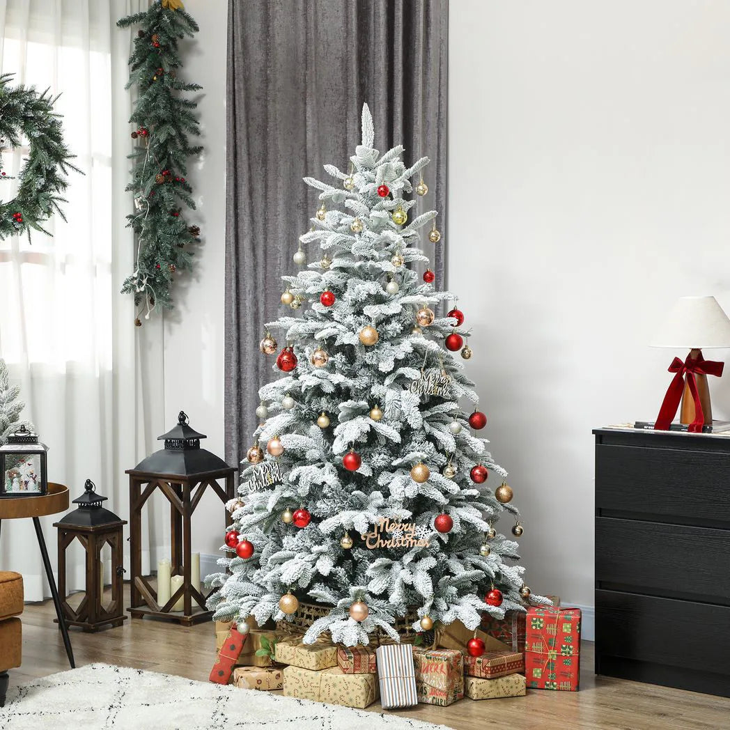 HOMCOM 6ft Artificial Flocked Christmas Tree with 1182 Branches – Hinged Xmas Tree, Foldable Metal Stand