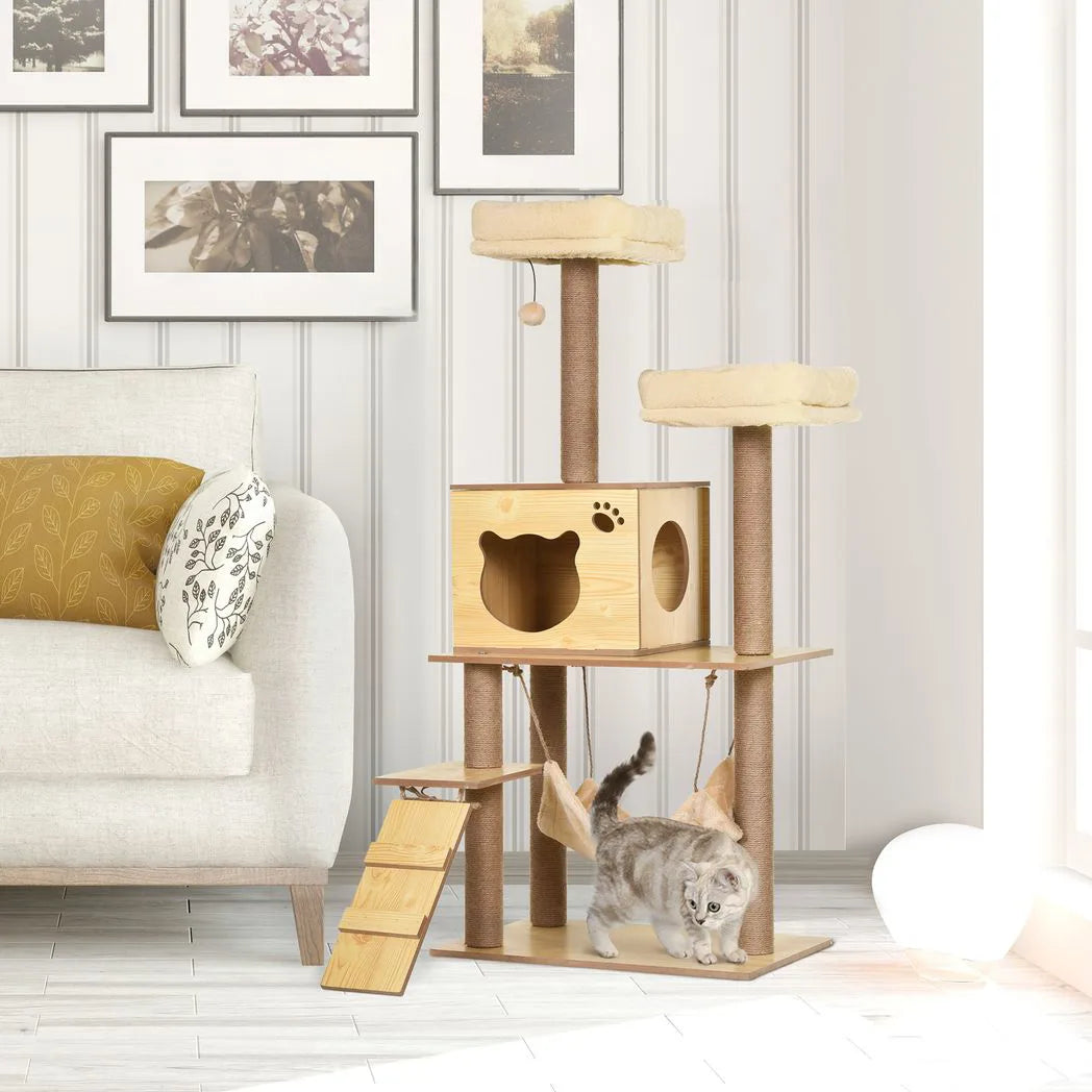 PawHut 130cm Plush Cat Tree with Five Scratching Posts, Two Perches, Cat House & Hammock