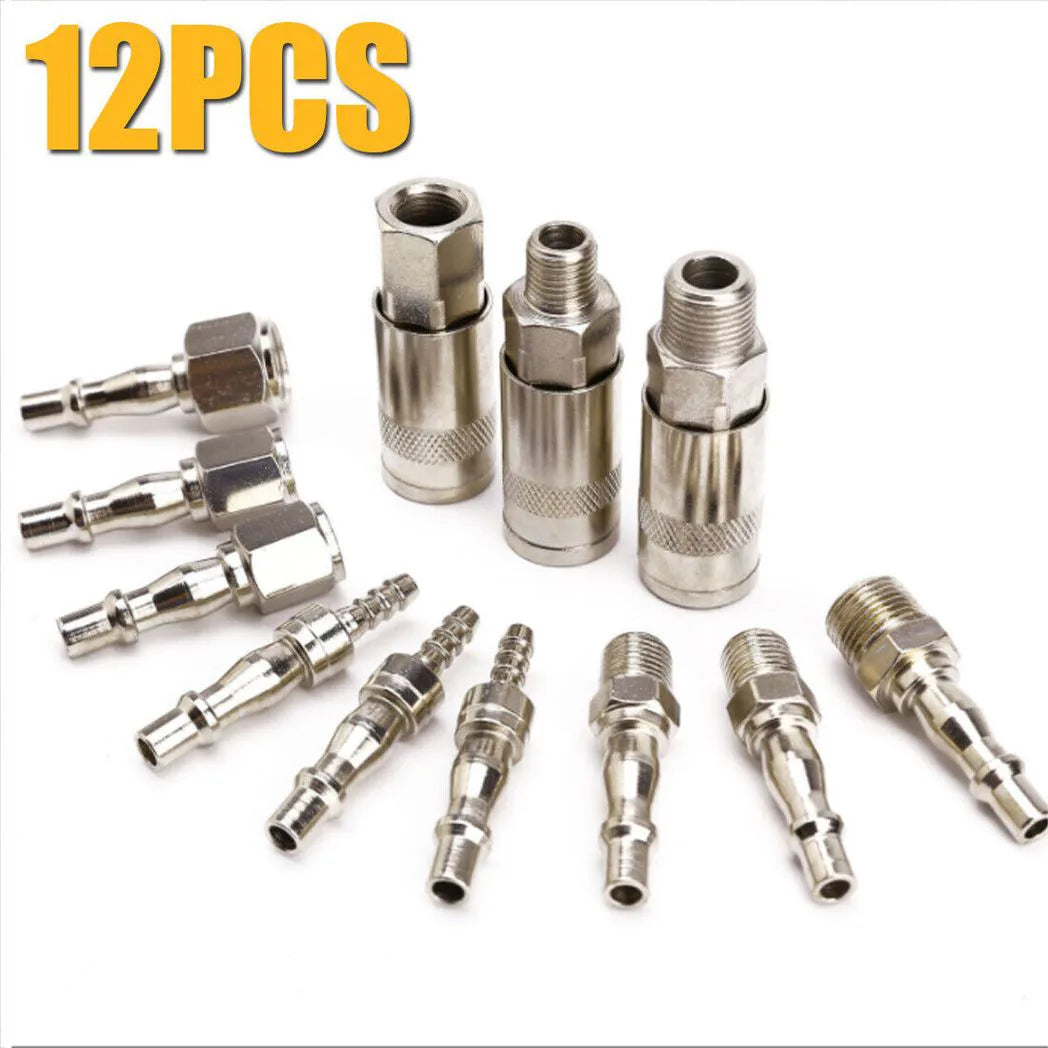 12-Piece BSP Air Line Hose Fittings Set – 1/4 and 3/8 Inch Compressor Quick-Release Connectors