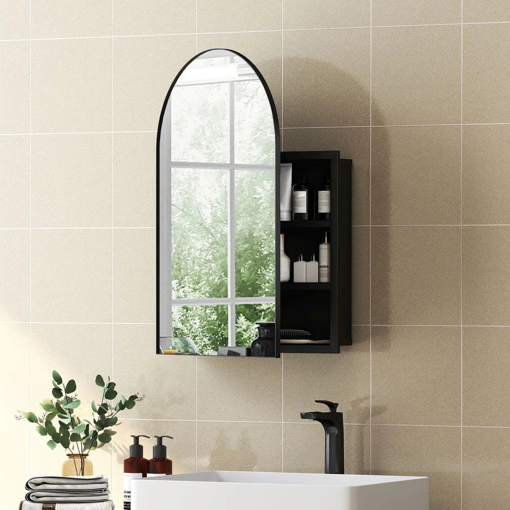 HOMCOM Arched Bathroom Mirror Cabinet with Storage Shelves – Wall Mounted, 180° Door, Black