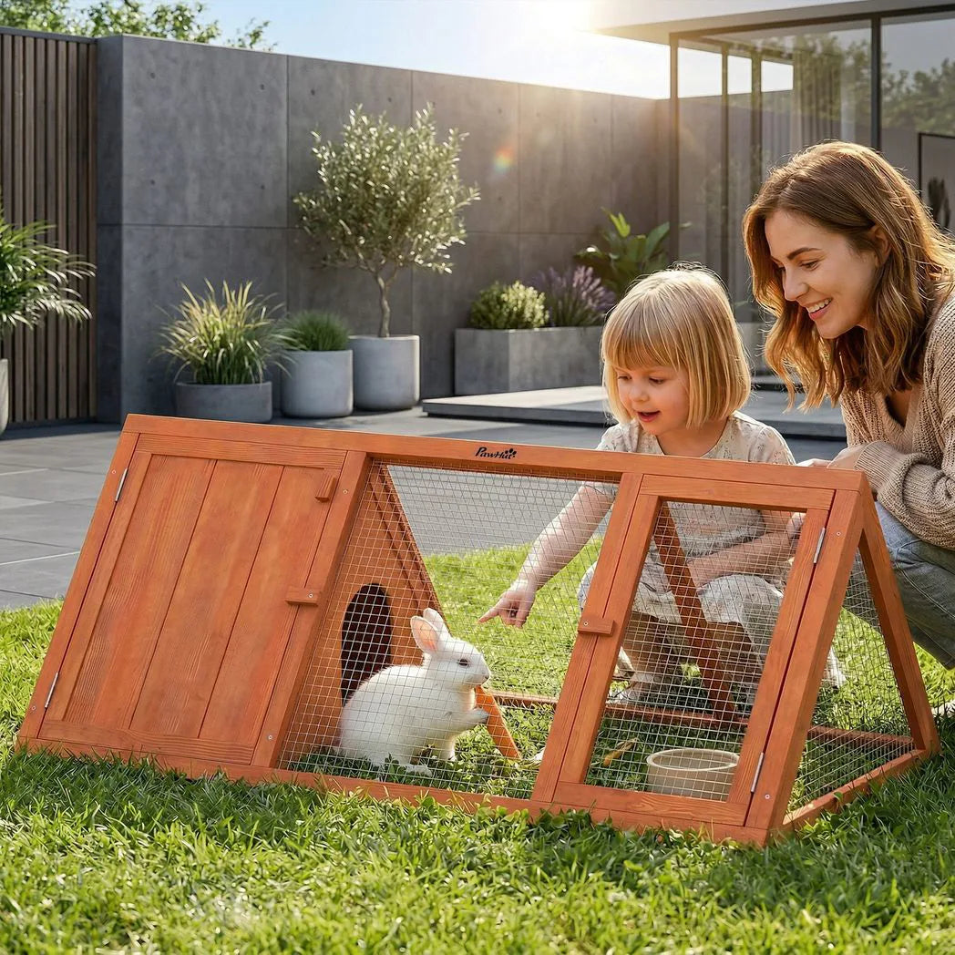 PawHut Wooden Rabbit Hutch with Run & Two Access Doors – Outdoor Triangular Guinea Pig House