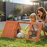 PawHut Wooden Rabbit Hutch with Run & Two Access Doors – Outdoor Triangular Guinea Pig House
