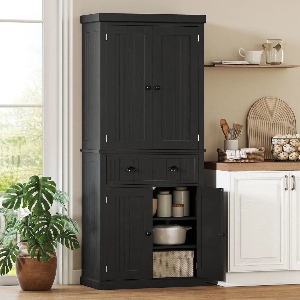 HOMCOM Kitchen Storage Cabinet with Drawer and Adjustable Shelves – Traditional Beadboard Cupboard, Black