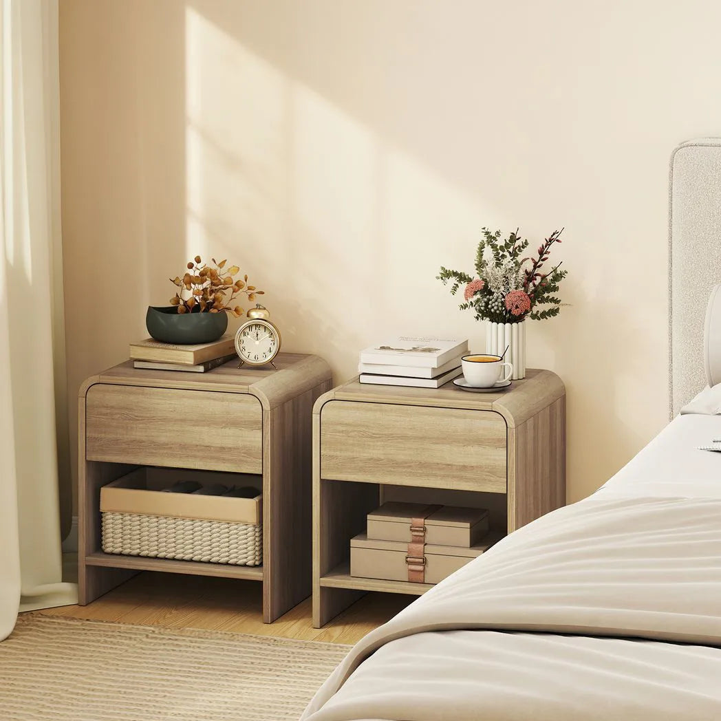HOMCOM Set of 2 Bedside Tables with Silent Drawer and Open Shelf – Nordic Style Nightstands, Natural