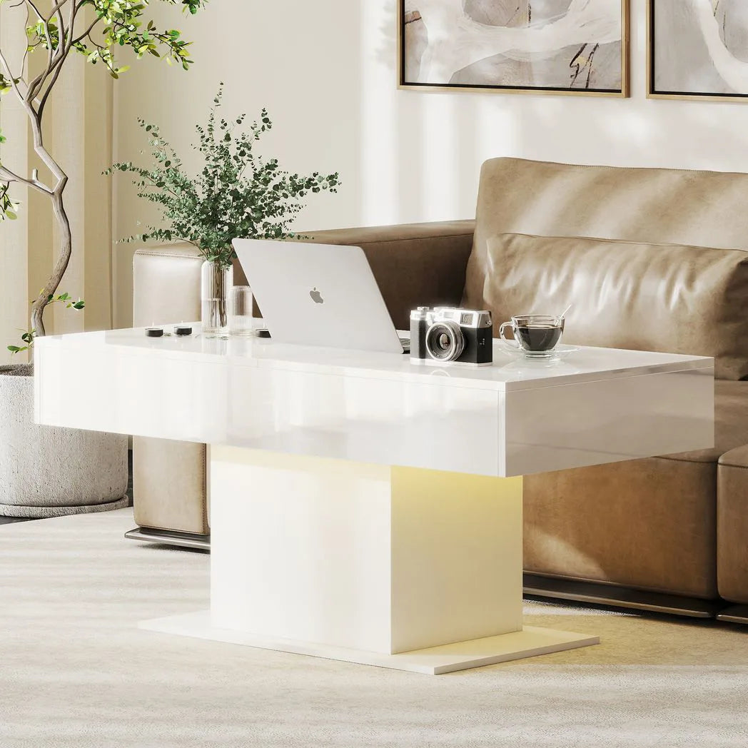 HOMCOM Extendable Coffee Table with LED Lights and Hidden Storage, 108–178.5cm – Living Room Table, High Gloss White