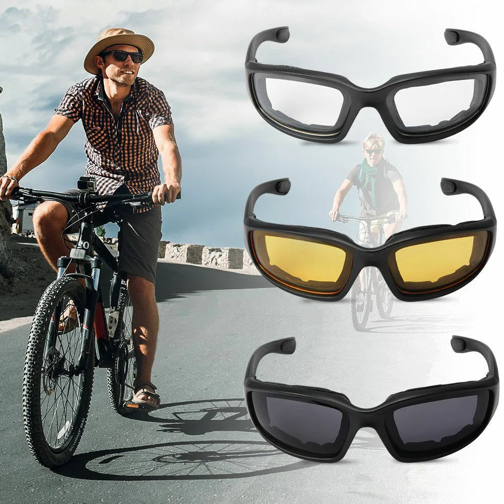3 Pack Motorcycle Riding Glasses – Padded, Wind Resistant, UV400 Polycarbonate Lenses, Grey, Clear and Yellow