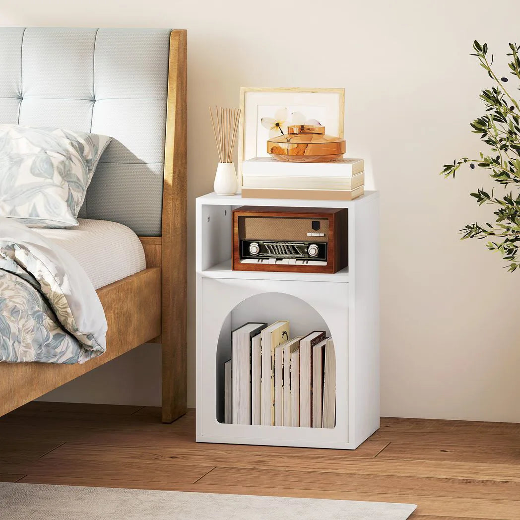HOMCOM Narrow Bedside Table with 2 Open Compartments and Arched Design – Small Bedroom Nightstand, White