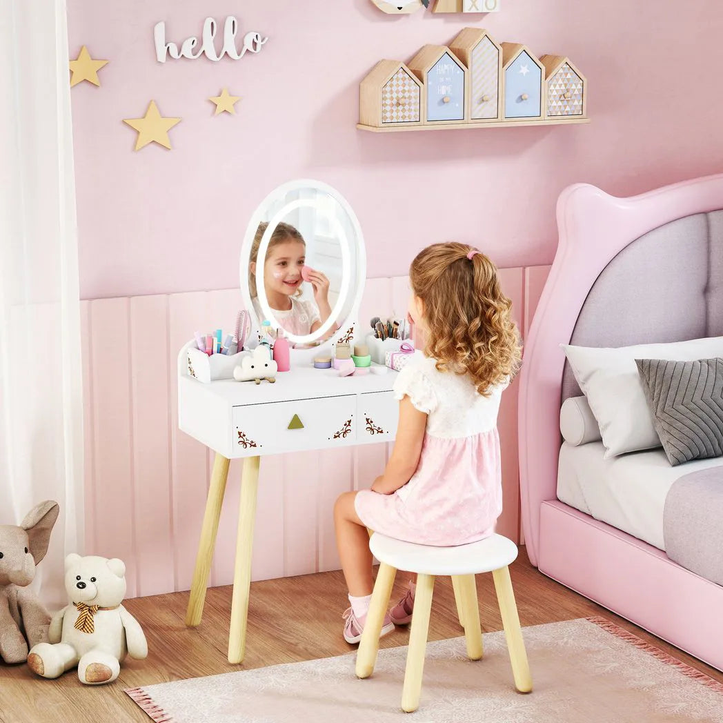 AIYAPLAY Kids Vanity Table and Chair Set with 3-Colour LED Mirror & Drawers – 2-in-1 Dressing Table & Desk, White