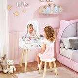 AIYAPLAY Kids Vanity Table and Chair Set with 3-Colour LED Mirror & Drawers – 2-in-1 Dressing Table & Desk, White