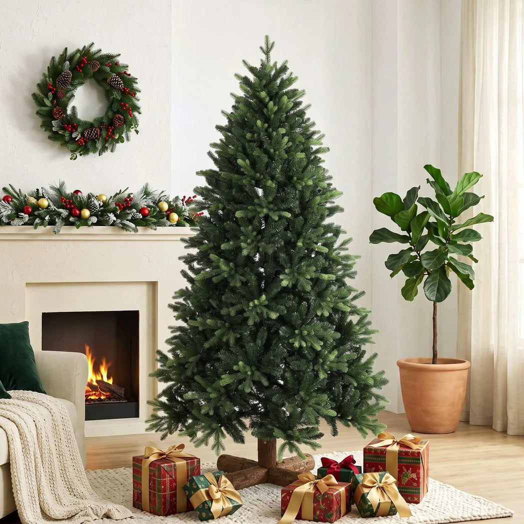 HOMCOM 6ft Hinged Artificial Christmas Tree with 2419 PE and PVC Tips and Fir Wood Base, Green