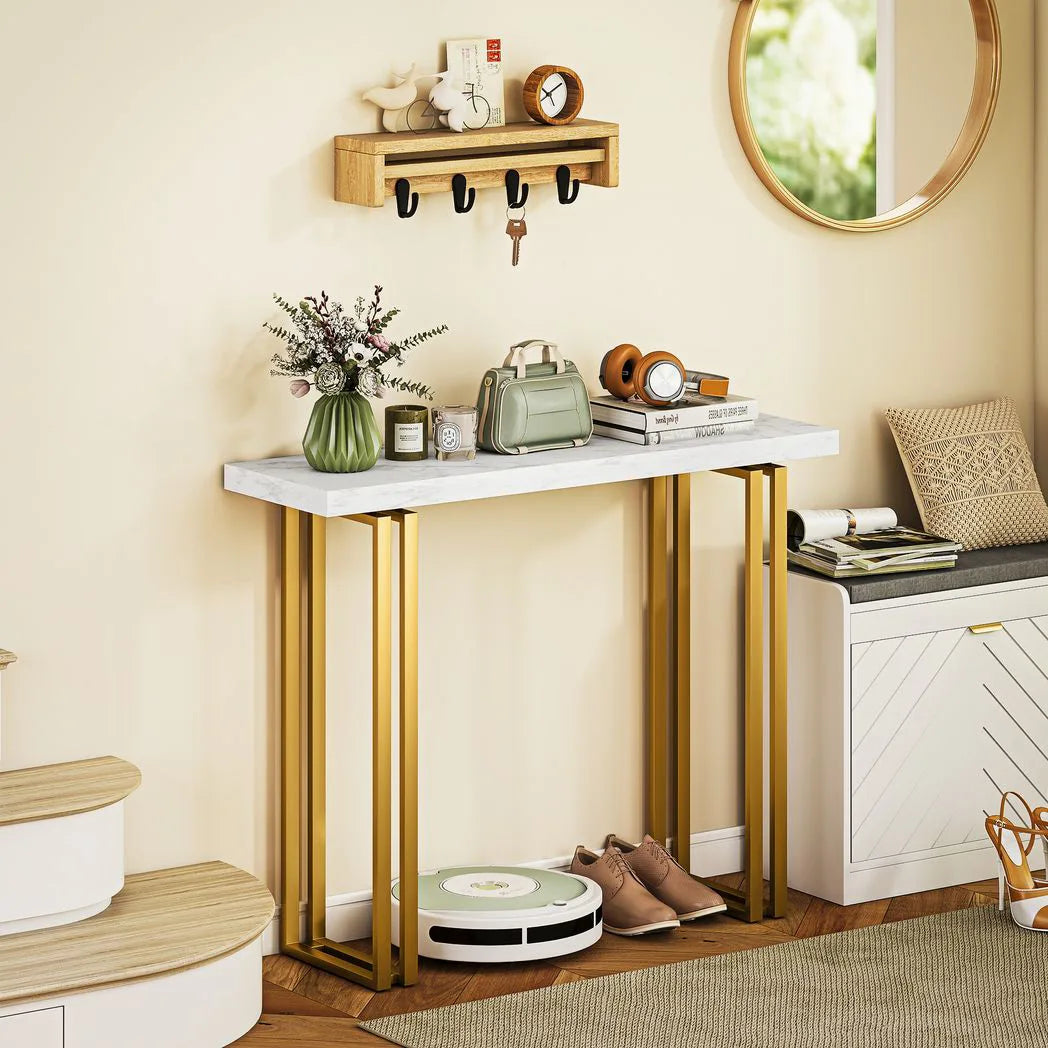 HOMCOM 100 cm Console Table with Faux Marble Top and Gold Tone Frame – Narrow Entryway Table, White