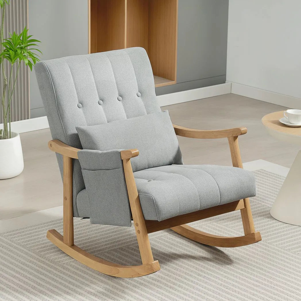 HOMCOM Wood Frame Rocking Accent Chair with 35° Rocking Base, Thick Padding and Side Pocket – Light Grey