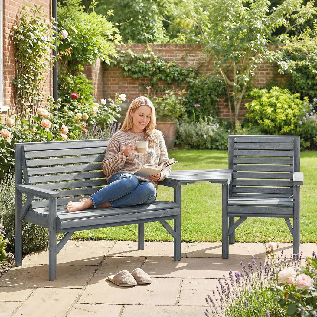 Outsunny 3 Piece Wooden Garden Bench Set – Armchair, Two-Seater Bench and Detachable Table with Parasol Hole, Grey