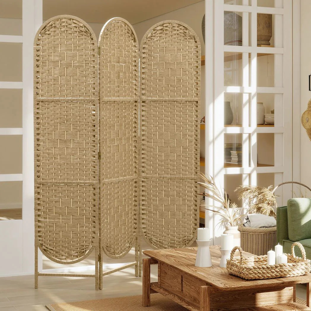 HOMCOM 3-Panel Folding Room Divider, 170cm Privacy Screen with Woven Paper Rope Panels – Natural Wood