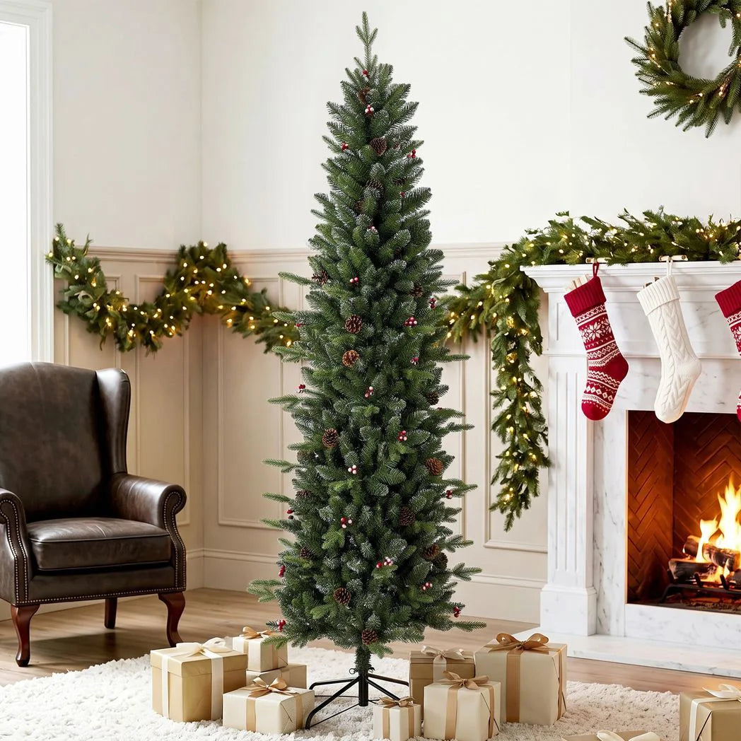 HOMCOM 7ft Slim Artificial Christmas Tree, Gracious Pine with 904 Tips, Pine Cones and Berries, Green
