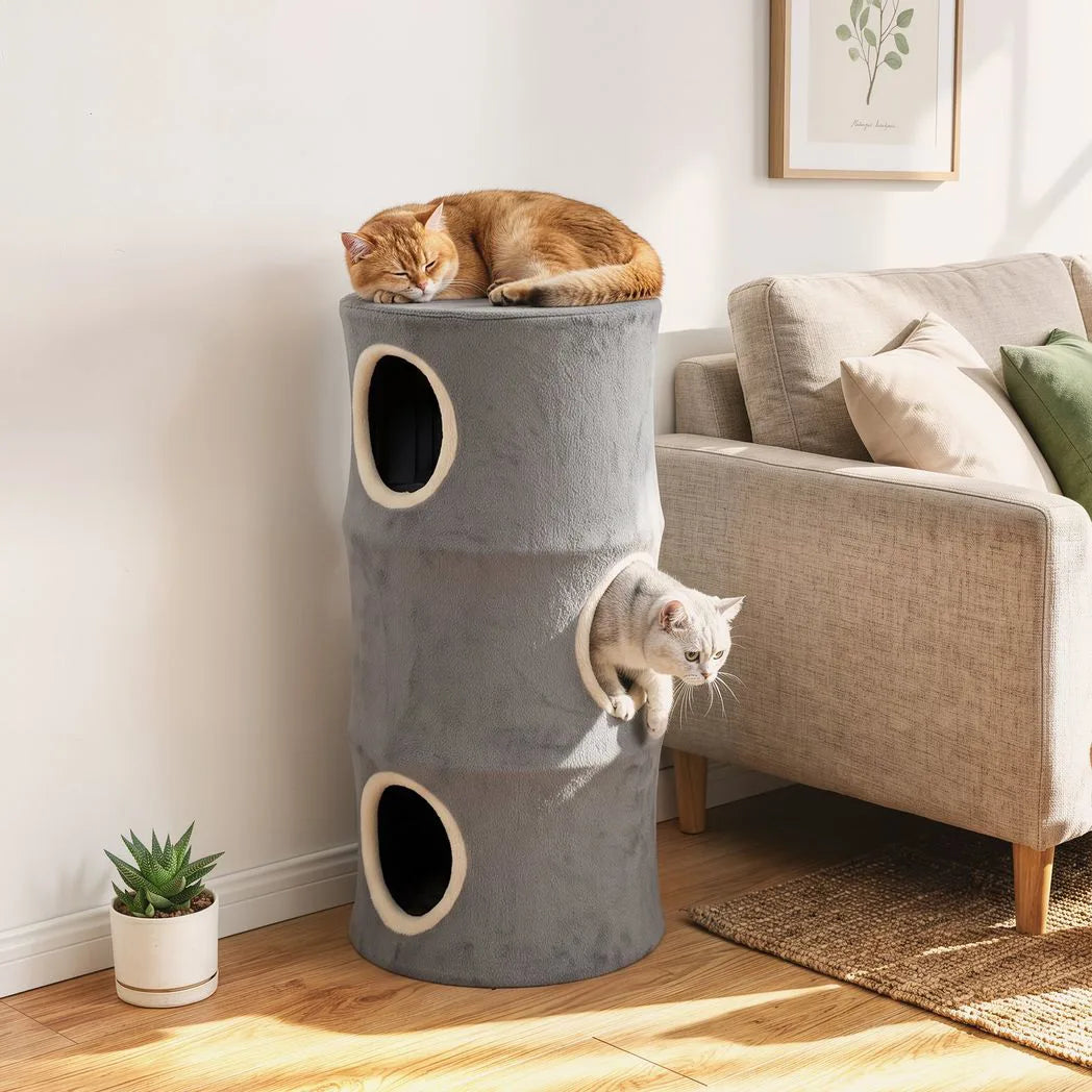 PawHut Four-Tier Cat Tree Tower with Connected Cubby and Removable Plush Cover – Space-Saving Cat Condo