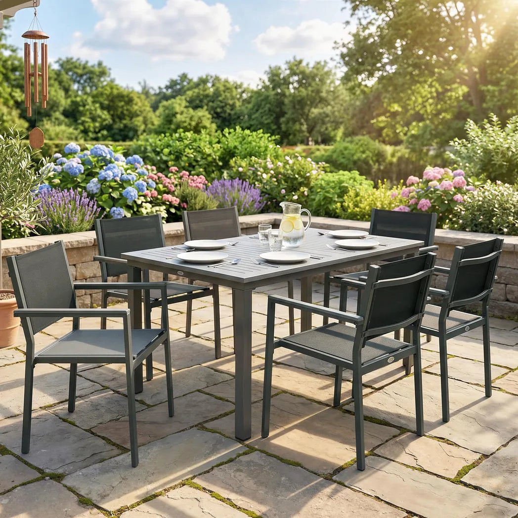 Outsunny 7-Piece Garden Dining Set for 6 with Acacia Wood Table & Stackable Texteline Chairs, Grey