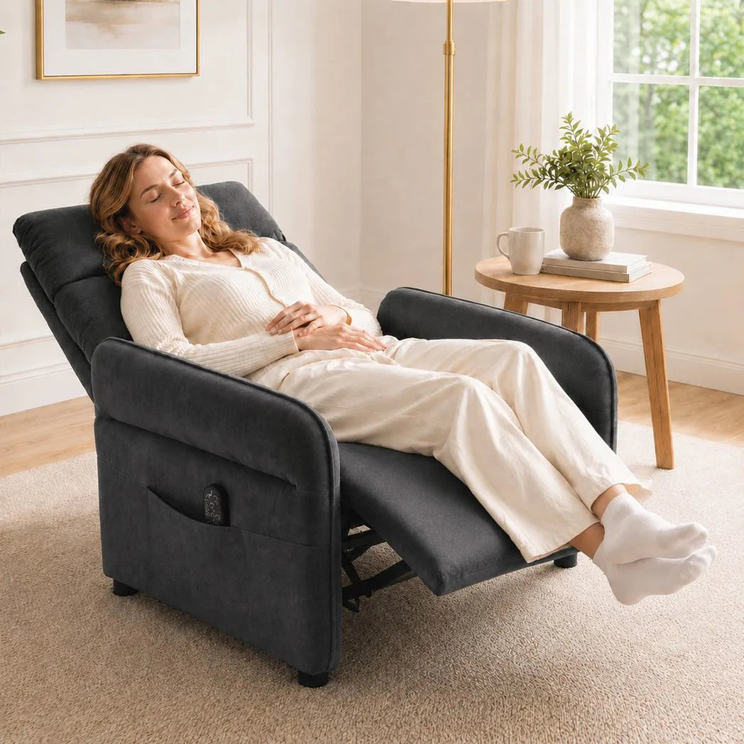 HOMCOM Push Back Recliner Armchair with Massage, Heat and Side Pockets – Lounge Chair, Dark Grey