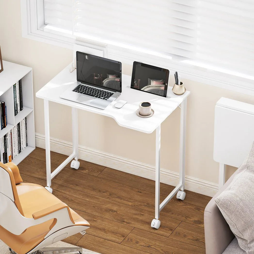 HOMCOM Small Folding Desk with 4 Lockable Wheels & Device Slot – Space-Saving Study Desk, White Wood-Effect