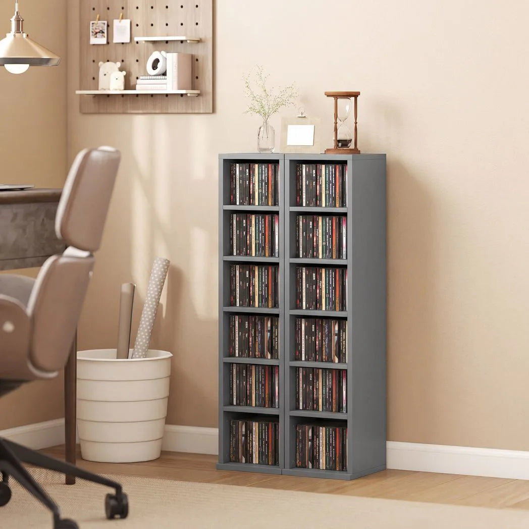 HOMCOM Set of 2 CD Media Storage Towers with Adjustable Shelves, Light Grey