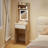 HOMCOM Small Vanity Desk with LED Mirror, Drop Leaf & Open Shelves – Compact Dressing Table, Natural Wood