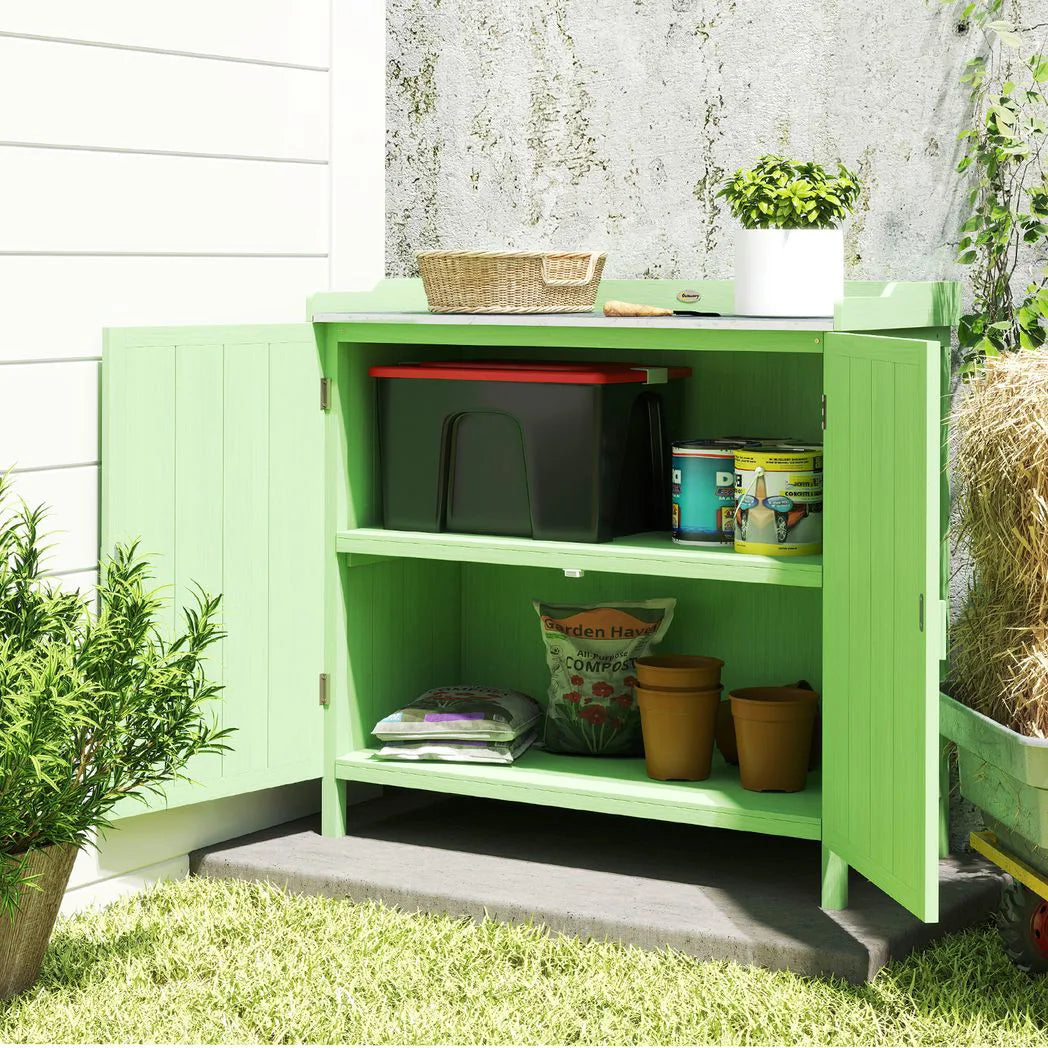 Outsunny Wooden Garden Storage Cabinet with Galvanised Top – 2-in-1 Potting Bench and Tool Shed, Green