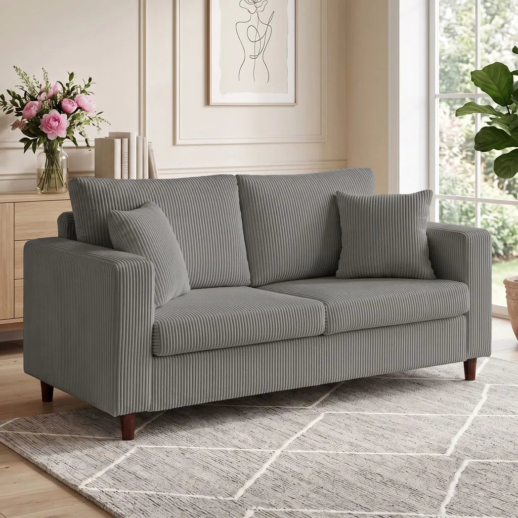 HOMCOM Corduroy 2-Seater Loveseat Sofa with Wide Seat, Spring Cushions and Rubberwood Legs, Light Grey